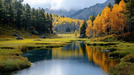 Vibrant yellow aspen trees contrast with green pines by a serene lake, reflecting colors under drifting clouds in high altitude mountains