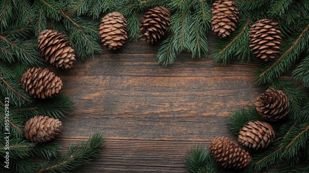 Poster fir leaf spheres and pine cones arranged on a wooden surface creating a festive background with spac