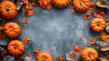 Above view of orange pumpkins surrounded by autumn foliage on a gray backdrop