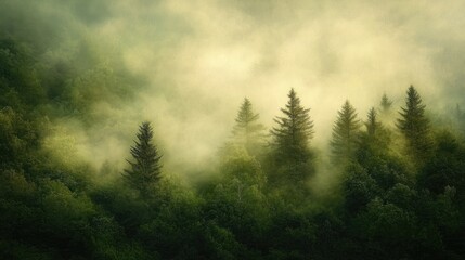 Morning light filters through misty evergreens creating a dreamlike aura over a lush green landscape