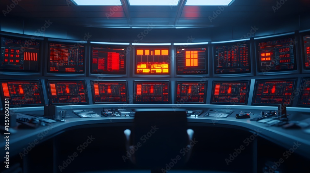 Poster high-tech control room with multiple monitors