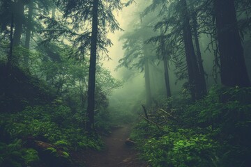 Fototapeta premium A Misty Forest Path Through Tall Trees