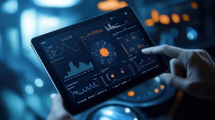 Warehouse management logistic technology concept. Tablet displaying real-time analytics in warehouse, logistics insights, data-driven stock management