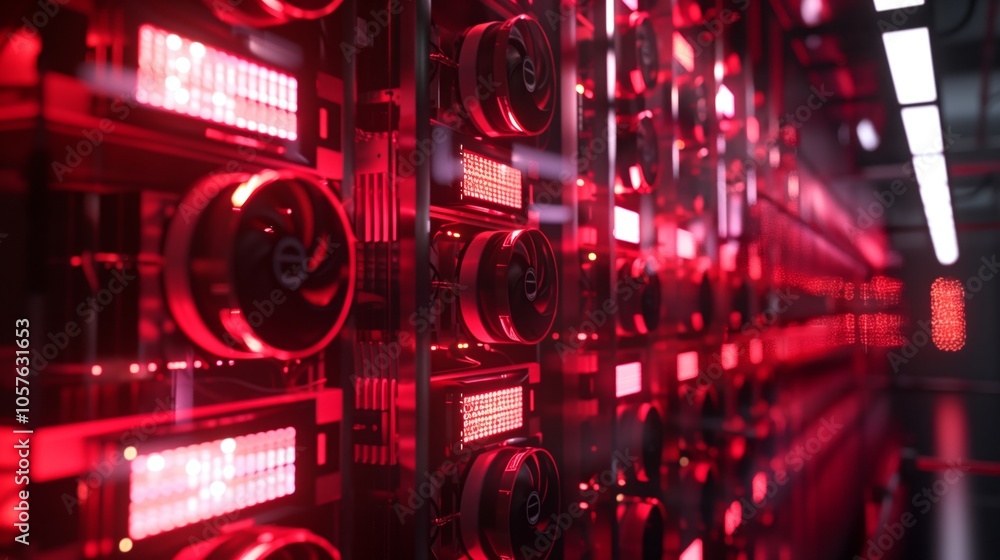 Poster many graphic cards with fans are working inside a server rack, illuminated by intense red light, cre