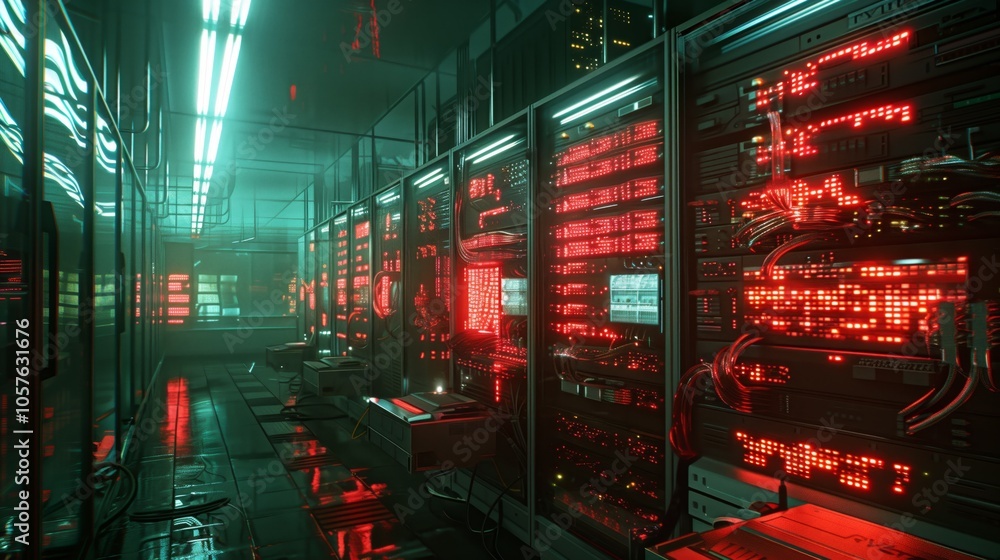 Poster numerous servers with blinking red lights are operating in a modern data center with glass walls, in