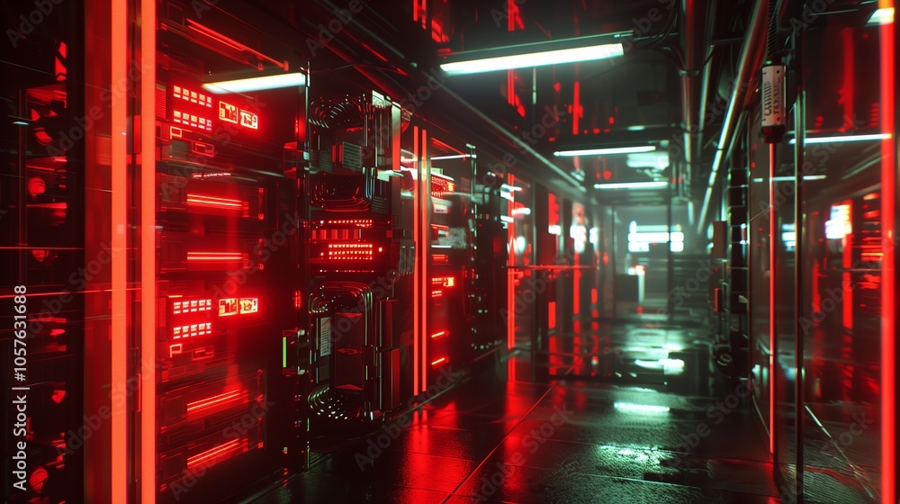 Poster red neon lights illuminate server racks in a dark, futuristic data center, creating a striking visua