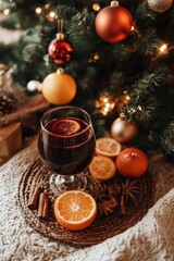 Glass of mulled red wine with spices and citrus fruits sits on a wicker coaster under christmas tree with lights and ornaments, creating a cozy and festive atmosphere