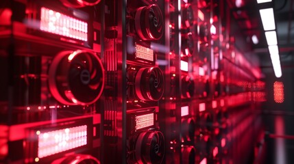 Many graphic cards with fans are working inside a server rack, illuminated by intense red light, creating a futuristic and technological atmosphere