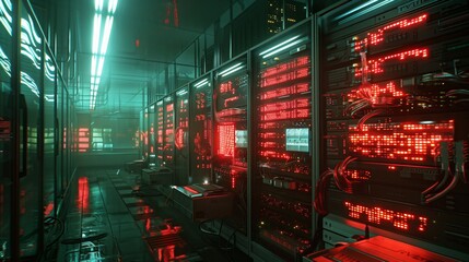 Numerous servers with blinking red lights are operating in a modern data center with glass walls, indicating high activity and potential cybersecurity risks