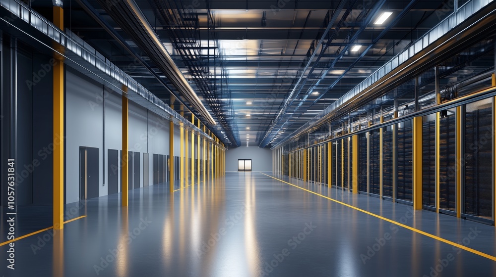Poster modern data center with server racks processing vast information, showing the importance of technolo