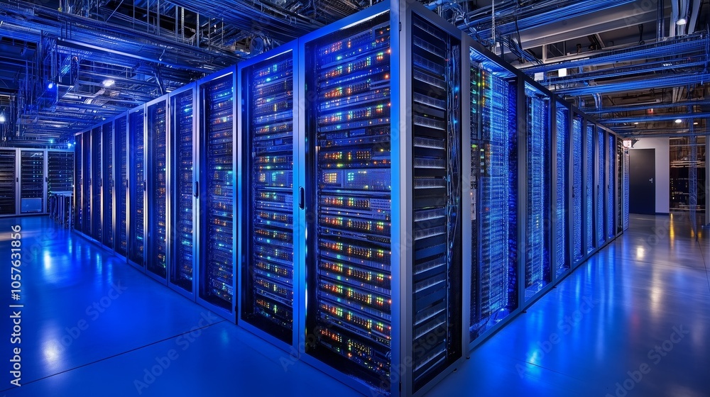 Poster powerful servers processing big data in a modern data center, glowing with blue light, ensuring high