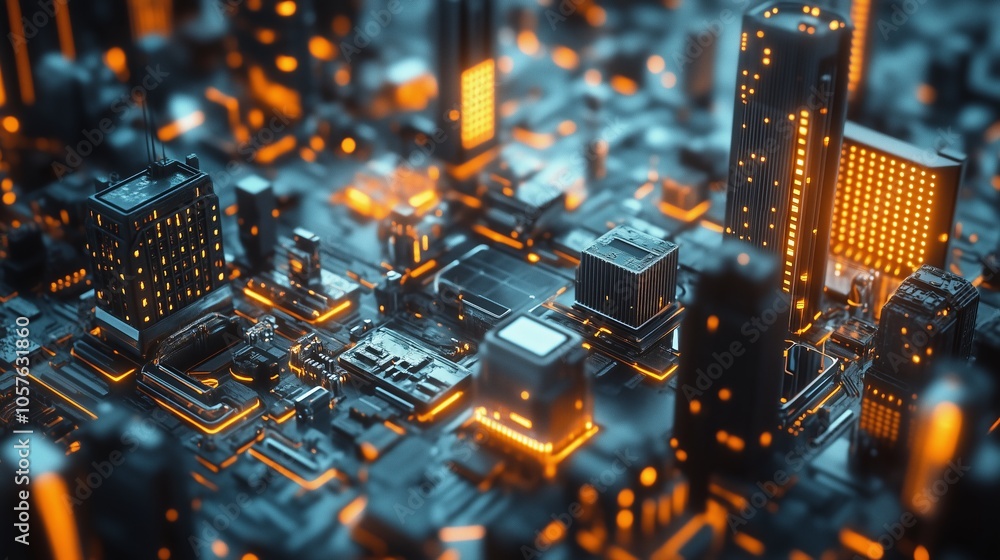 Fototapete glowing neon lines illuminating futuristic city built on a circuit board, representing the concept o