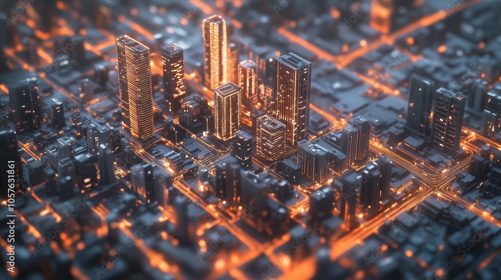 Poster orange glowing lines illuminate a futuristic cityscape resembling a circuit board, creating a visual