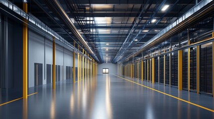 Obraz premium Modern data center with server racks processing vast information, showing the importance of technology in business, in a clean, organized environment with yellow accents