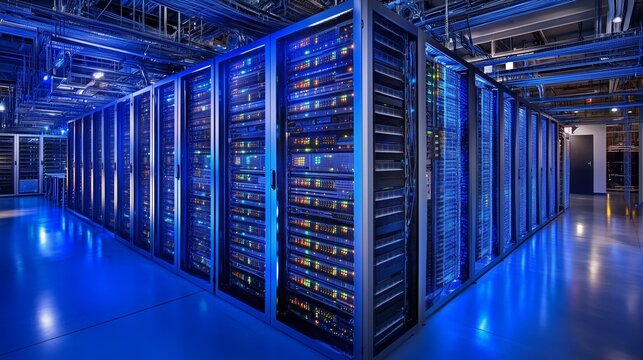Powerful servers processing big data in a modern data center, glowing with blue light, ensuring high performance and reliability for cloud computing and information technology
