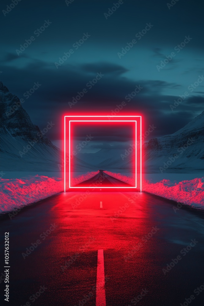 Poster vibrant red neon square stands in the middle of a dark asphalt road, casting a glow on the snowy mou