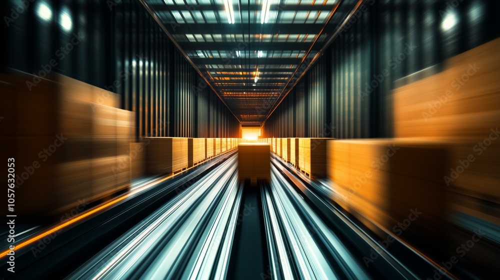 Poster cardboard boxes are moving on an automated assembly line inside a large warehouse, representing effi