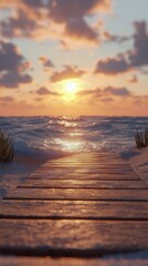 Sunset over the ocean with a wooden path leading to the beach surrounded by grass