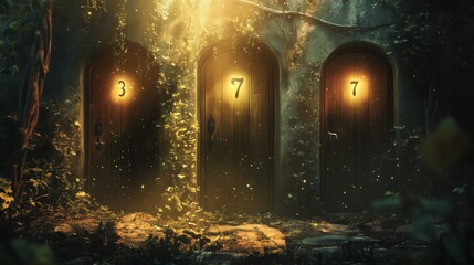 Three slightly open doors with glowing numbers 3 and 7 on each, surrounded by lush vegetation and glowing particles in a magical night forest setting, creating an atmosphere of mystery and wonder