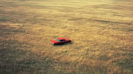 Aerial view of a red vintage car parked in the middle of a vast, dry, grassy field, bathed in the warm glow of golden hour light, evoking a sense of freedom and adventure