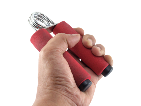 male exercise with squeezing hand grip strengthener isolated on transparent