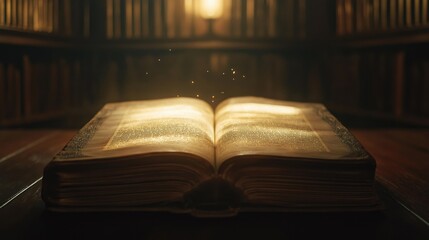 Fototapeta premium An ancient book opened on a wooden table, glowing softly in a dimly lit library.