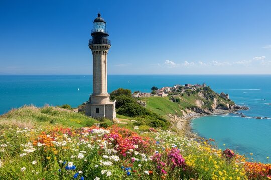 Colorful wildflowers in bloom near a scenic lighthouse overlooking the serene ocean on a sunny day in a coastal location