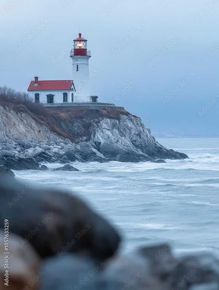 Poster a serene evening view of a coastal lighthouse on rocky cliffs during twilight with gentle waves belo