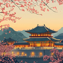 Fototapeta premium Traditional Ink-Style Rendering of Gyeongbokgung Palace in South Korea, Capturing Architectural Elegance and Cultural Heritage