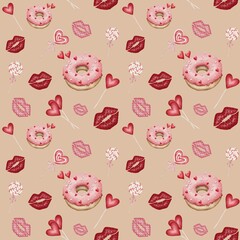Seamless pattern with pink donuts, candies, lollipops, hearts and kisses in hand drawn style on the biege background perfect for textile, fabric, backdrop, wallpaper, scrapbooking, wrapping