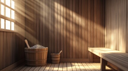 A wooden room with a bench and a bucket