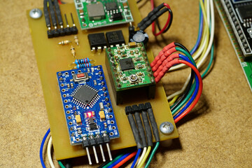 Microcircuit with electronic components connected to power supply. Electronics