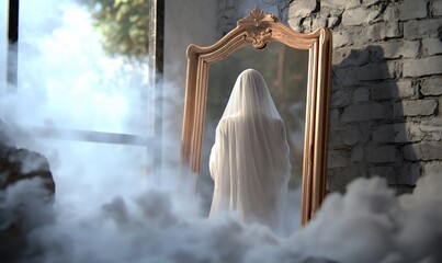 A mysterious figure in a veil stands before an ornate mirror in fog.