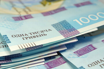 Banknotes 1000 Hryvnia. Real Ukrainian paper money of blue yellow color