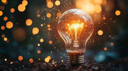 Glowing Light Bulb in Outdoor Setting with Bokeh Lights