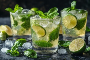 Fototapeta premium Mojito with ice in glass close-up. Alcoholic drink, cold drink with lime