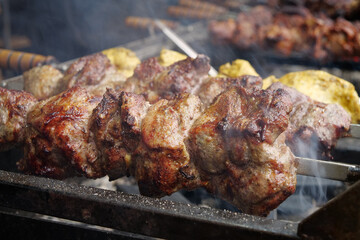 Appetizing hot kebabs. Shish kebabs broil on barbecue. Different meat are cooked