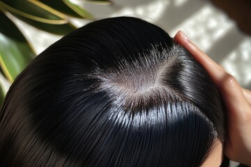 Close-up of a Woman's Black Hair with a Part Showing Scalp