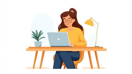 A smiling woman sits at her desk working on her laptop under a stylish lamp. With bright surroundings and a plant, the scene represents a productive workspace.