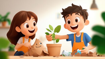 Two cheerful children energetically planting a small sapling together, marked by joy, friendship, and fresh beginnings in a brightly lit and vibrant setting.