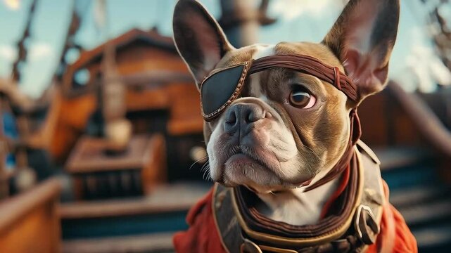 French bulldog wearing leather eye patch and harness in steampunk style. Pet costume and adventure content