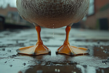Close-up of duck in rainy urban setting with vibrant orange webbed feet