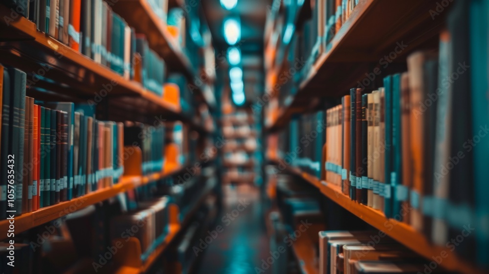 Poster library bookshelf with depth of field and cozy lighting