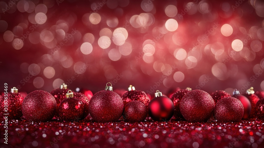 Poster collection of red christmas ornaments with a glittery texture, arranged on a sparkling red surface w