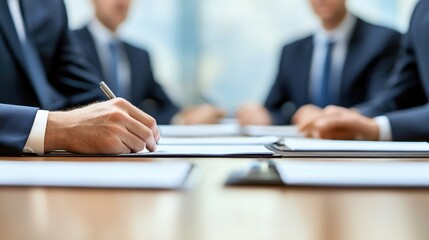 A group of business professionals engaged in a meeting, with hands visible as one person writes on a document.