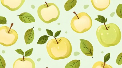 cartoon styles seamless pattern with green apples on light green background 