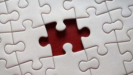 Fototapeta premium White jigsaw puzzle with one missing piece revealing red and orange
