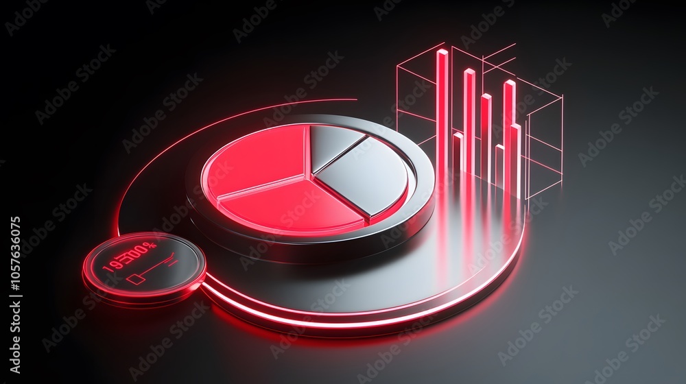 Poster cute isometric 3d image of 3d pie chart and bar chart in realistic metallic silver illuminated by ne