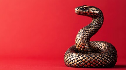 Fototapeta premium A bronze sculpture of a coiled snake on a vibrant red background