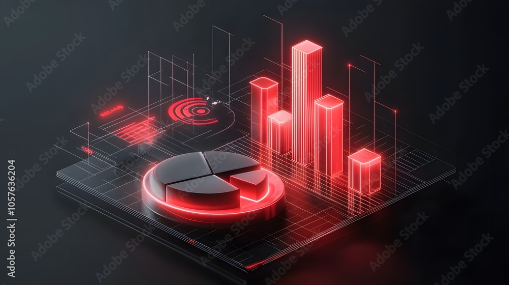 Poster cute isometric 3d image of 3d pie chart and bar chart in realistic metallic silver illuminated by ne